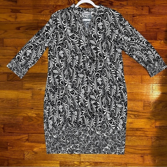 Chico’s‎ Liquid Knit Midi Dress 3/4 Sleeve Scoop Neck Black White Sz 3 XL - Picture 3 of 10
